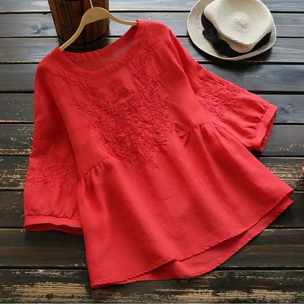 ❤️3 for $15!❤️ Women's Cotton Linen 3/4 Sleeve Round Neck Embroidery - Picture 4 of 6